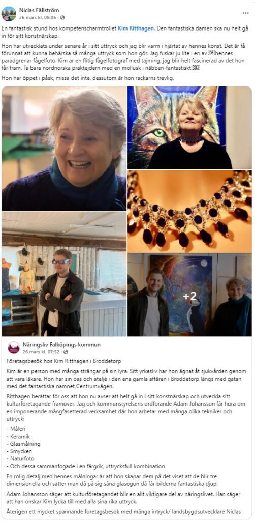Besök av Niclas Fällström och kommunalrådet Adam Johansson hos konstnären Kim Ritthagen i hennes ateljé i Broddetorp.